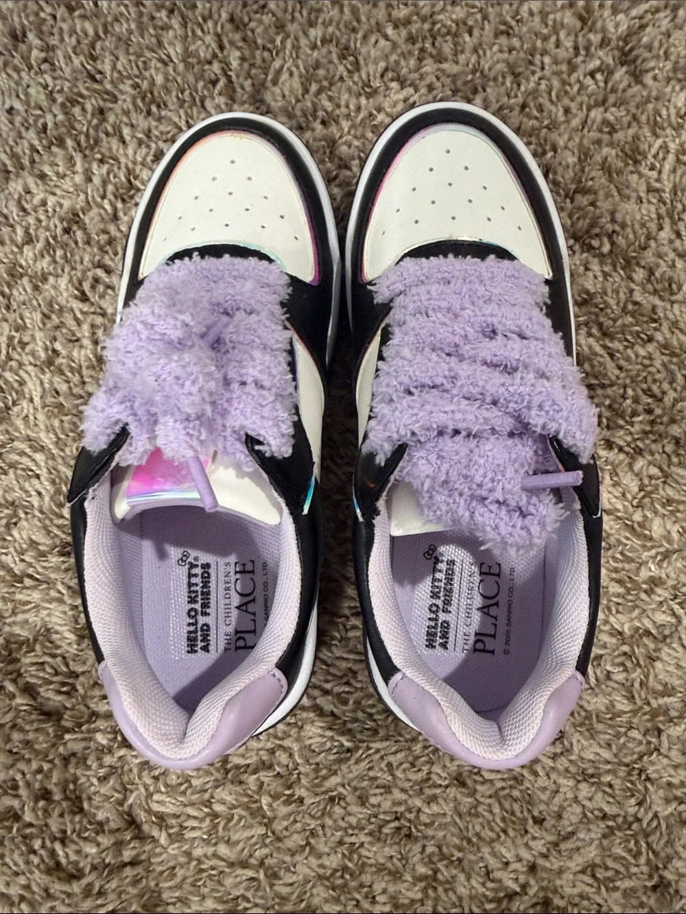 The Children's Place Black & White Kids Sneakers with Lilac Fuzzy Laces